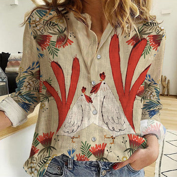 Joycorner Chickens Fabulous Floral Pattern Casual Shirt