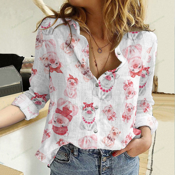 Joycorners Cotton And Linen Farm Animal Cute Pigs All Over Printed 3D Casual Shirt