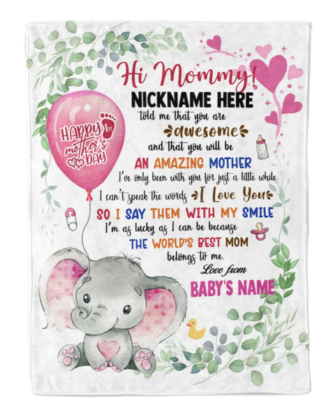 JoyCorner Personalized Printed Blanket Little Elephant With Pink Balloon - Mothers Day Gift