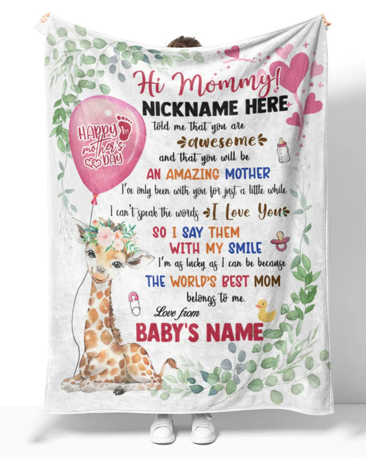 JoyCorner Personalized Printed Blanket Little Giraffe With Pink Balloon - Mothers Day Gift