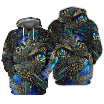Joycorners Blue And Golden Cat Face Art All Over Printed 3D Shirts
