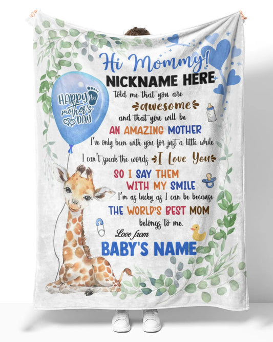 JoyCorner Personalized Printed Blanket Little Giraffe With Blue Balloon - Mothers Day Gift