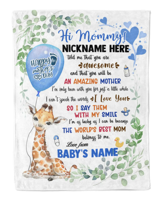 JoyCorner Personalized Printed Blanket Little Giraffe With Blue Balloon - Mothers Day Gift