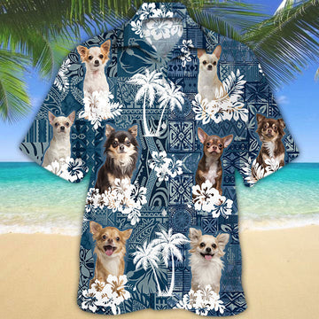 Joycorners Chihuahua Hawaiian Tropical Plants Pattern Blue And White All Over Printed 3D Hawaiian Shirt