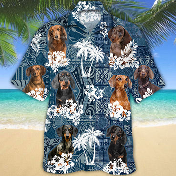 Joycorners Dachshund 1 Hawaiian Tropical Plants Pattern Blue And White All Over Printed 3D Hawaiian Shirt