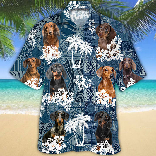 Joycorners Dachshund 1 Hawaiian Tropical Plants Pattern Blue And White All Over Printed 3D Hawaiian Shirt