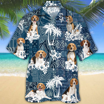 Joycorners Beagle Hawaiian Tropical Plants Pattern Blue And White All Over Printed 3D Hawaiian Shirt