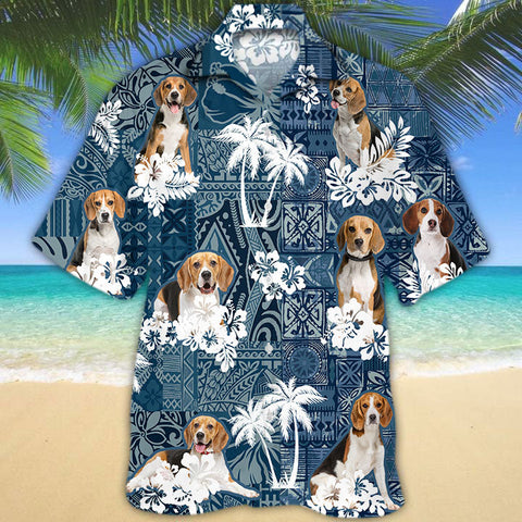 Joycorners Beagle Hawaiian Tropical Plants Pattern Blue And White All Over Printed 3D Hawaiian Shirt
