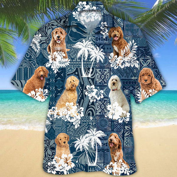 Joycorners goldendoodle Hawaiian Tropical Plants Pattern Blue And White All Over Printed 3D Hawaiian Shirt