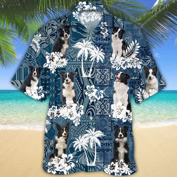Joycorners border collie Hawaiian Tropical Plants Pattern Blue And White All Over Printed 3D Hawaiian Shirt
