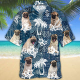 Joycorners Pug Hawaiian Tropical Plants Pattern Blue And White All Over Printed 3D Hawaiian Shirt