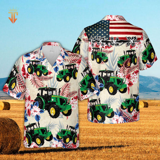 Joycorners Tractors Hibiscus United State Flag All Over Printed 3D Hawaiian Shirt