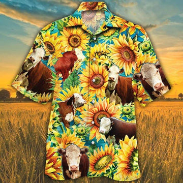Joycorners Sunflower Hereford Cattle All Printed 3D Hawaiian Shirt