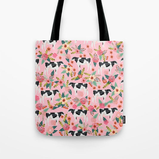 Joycorners Holstein cattle Floral Pattern Pink All Over Printed 3D Tote Bag