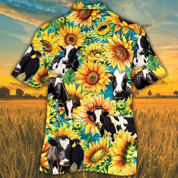 Joycorners Sunflower Holstein Friesian Cattle All Printed 3D Hawaiian Shirt