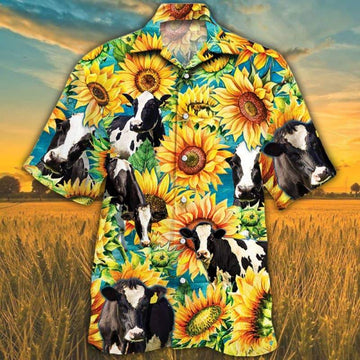 Joycorners Sunflower Holstein Friesian Cattle All Printed 3D Hawaiian Shirt