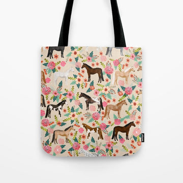 Joycorners Horses Floral Pattern Light Yellow All Over Printed 3D Tote Bag