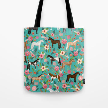 Joycorners Horse Floral Pattern Cyan All Over Printed 3D Tote Bag