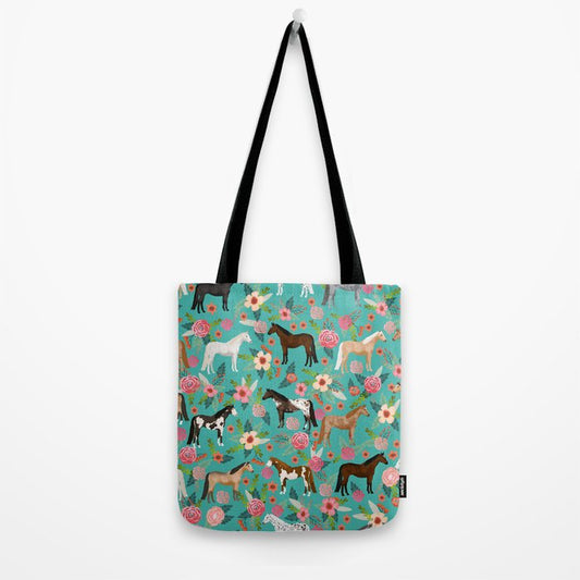 Joycorners Horse Floral Pattern Cyan All Over Printed 3D Tote Bag