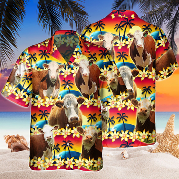 Joycorners Vintage Hereford Tropical Sunset Hibiscus And Palm Tree All Over Printed 3D Hawaiian Shirt