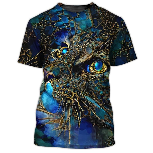 Joycorners Blue And Golden Cat Face Art All Over Printed 3D Shirts