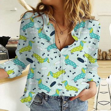 Joycorners Dachshund Green Blue Pattern All Over Printed 3D Casual Shirt