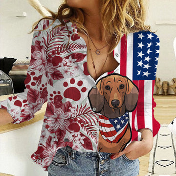 Joycorners Dachshund Red Hibiscus U.S Flag All Over Printed 3D Casual Shirt