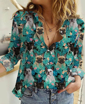 Joycorners French Bulldog Tropical Leaves All Over Printed 3D Casual Shirt