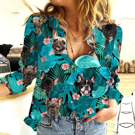 Joycorners French Bulldog Tropical Leaves All Over Printed 3D Casual Shirt