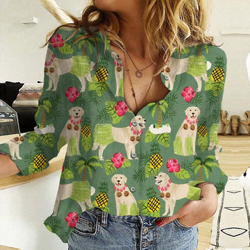 Joycorners Cute Golden Retriever Aloha Green All Over Printed 3D Casual Shirt