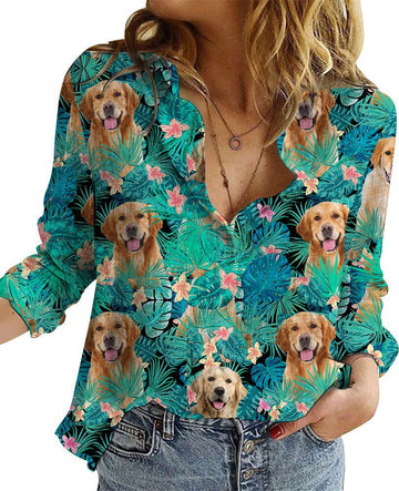 Joycorners Golden Retriever Tropical Plants All Over Printed 3D Casual Shirt