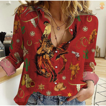 Joycorners Cowboy and Horse Red All Over Printed 3D Casual Shirt