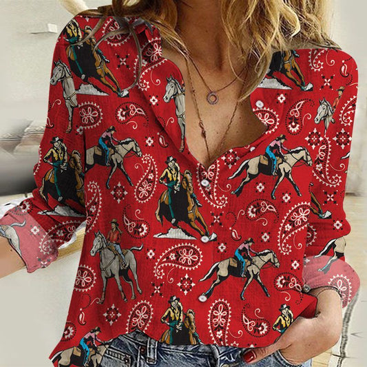 Joycorners Cowgirl Riding Horse Red All Over Printed 3D Casual Shirt