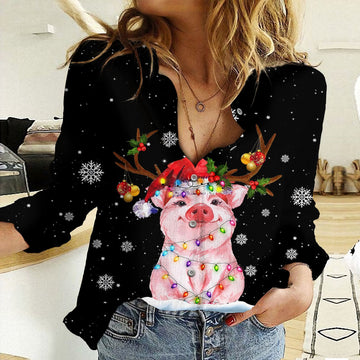 Joycorners Cotton And Linen Farm Animal Pig Winter All Over Printed 3D Casual Shirt