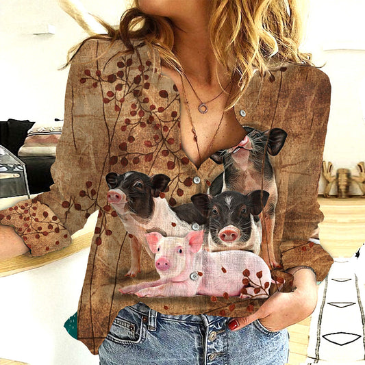 Joycorners Cotton And Linen Farm Animal Pig Brown All Over Printed 3D Casual Shirt