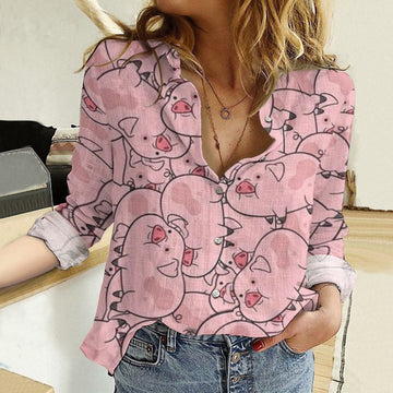 Joycorners Cotton And Linen Farm Animal Pink Pig All Over Printed 3D Casual Shirt