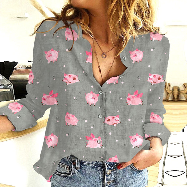 Joycorners Cotton And Linen Farm Animal Pig Gray All Over Printed 3D Casual Shirt