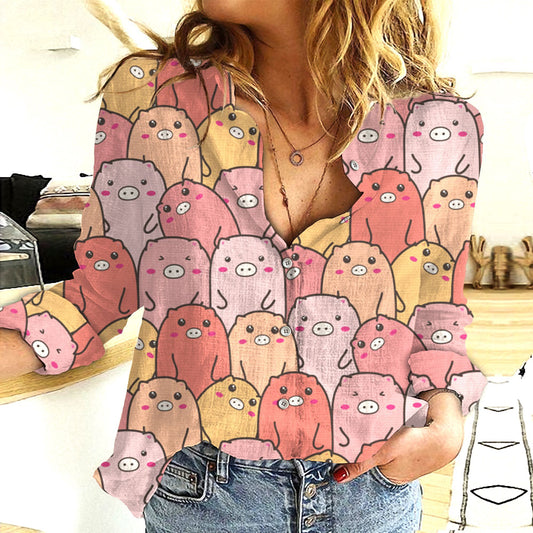 Joycorners Cotton And Linen Farm Animal Pig Popular All Over Printed 3D Casual Shirt