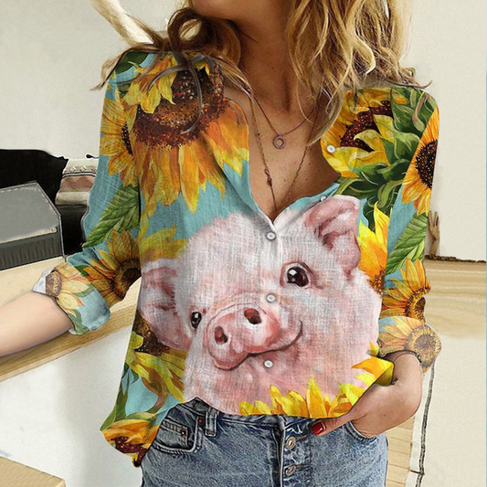 Joycorners Cotton And Linen Farm Animal Pig Sunflower All Over Printed 3D Casual Shirt