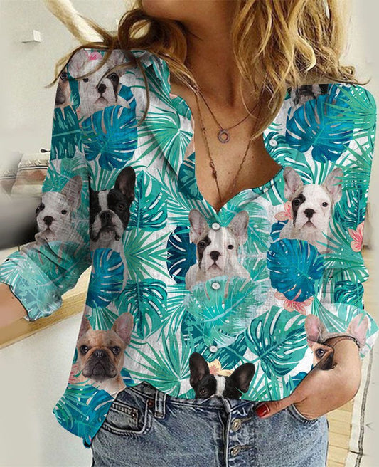 Joycorners French Bulldog Tropical Leaves All Over Printed 3D Casual Shirt