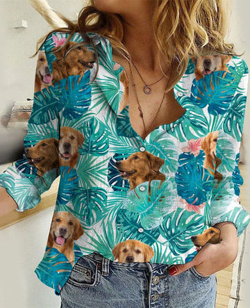 Joycorners Golden Retriever Tropical Leaves All Over Printed 3D Casual Shirt