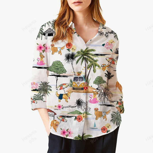 Joycorners GOLDEN RETRIEVER HAWAII BEACH RETRO All Printed 3D Casual Shirt