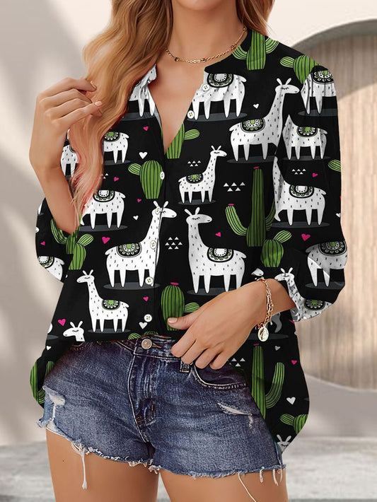 Joycorners Cactus Llama Black Casual V Neckline Half Sleeve Blouses