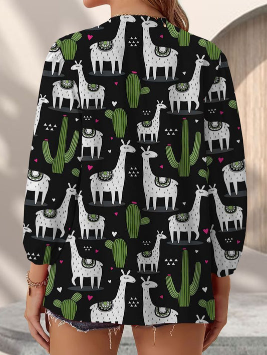 Joycorners Cactus Llama Black Casual V Neckline Half Sleeve Blouses