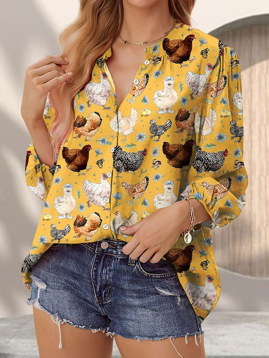 Joycorners Cute Chicken Yellow Casual V Neckline Half Sleeve Blouses