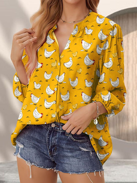 Joycorners Cute Chicken Yellow Pattern Casual V Neckline Half Sleeve Blouses
