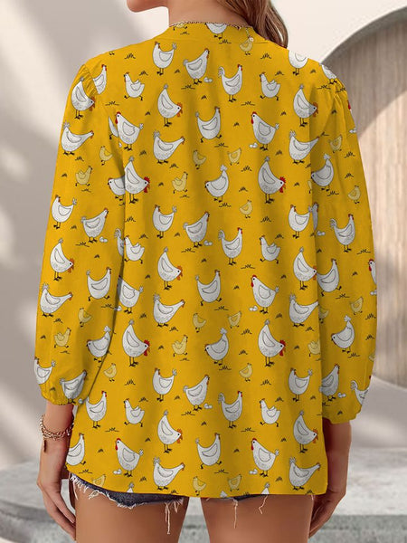 Joycorners Cute Chicken Yellow Pattern Casual V Neckline Half Sleeve Blouses