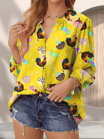 Joycorners Cute Rooster Candy Pattern Yellow Casual V Neckline Half Sleeve Blouses