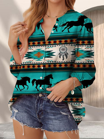 Joycorners Horse Native American Green Casual V Neckline Half Sleeve Blouses