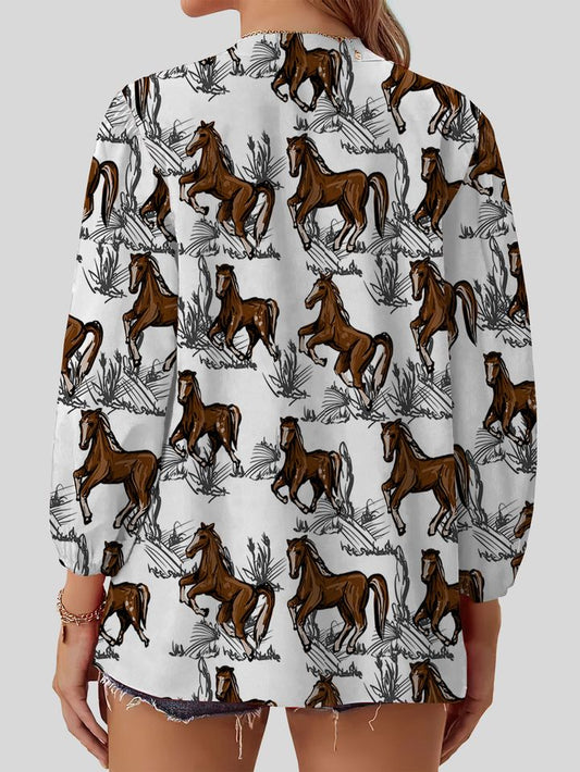 Joycorners Pattern Horses Landscape White Casual V Neckline Long Sleeve Blouses